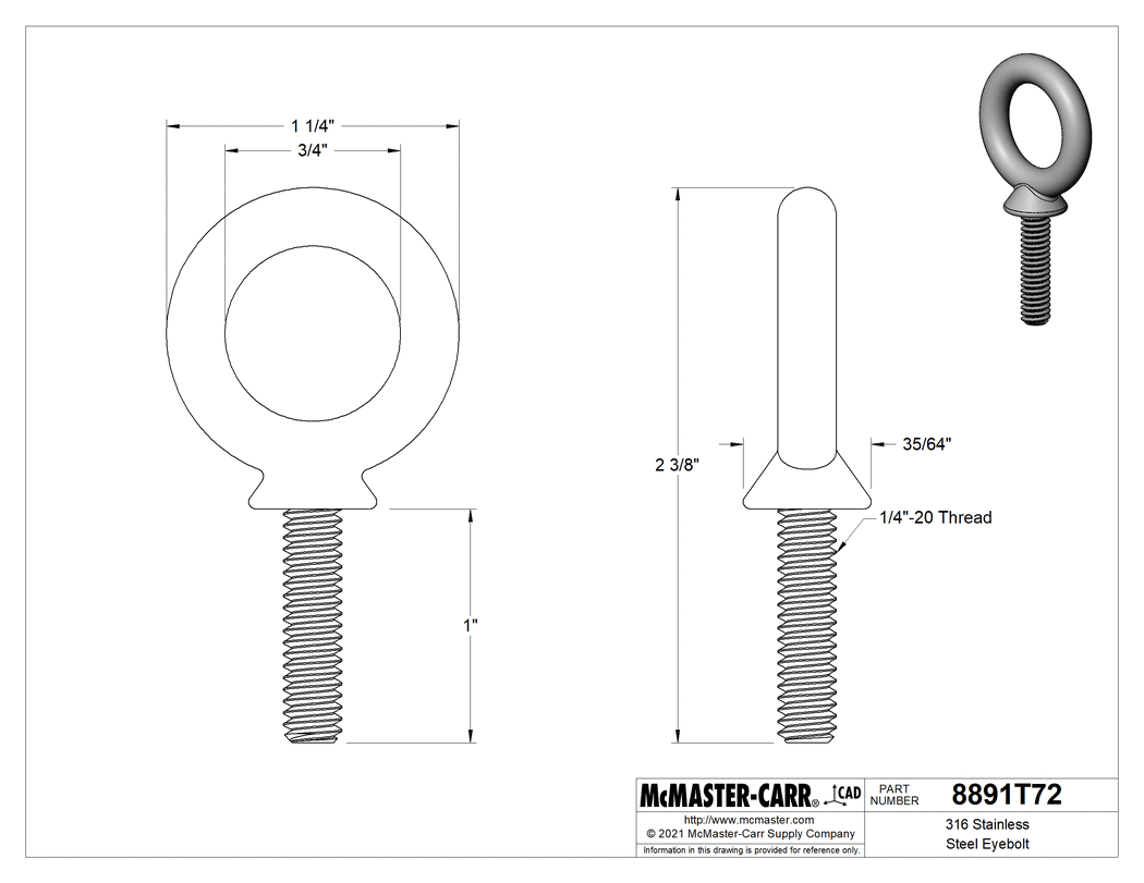 Technical Drawing of 316 Stainless Steel Eyebolt, with Shoulder-for Lifting, 1/4"-20 Thread Size, 1" Thread Length .